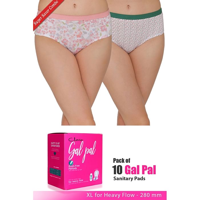 

Clovia Set of 2 Panties & Pack of 10 Gal Pal Pads - XL - PNC332920, Assorted