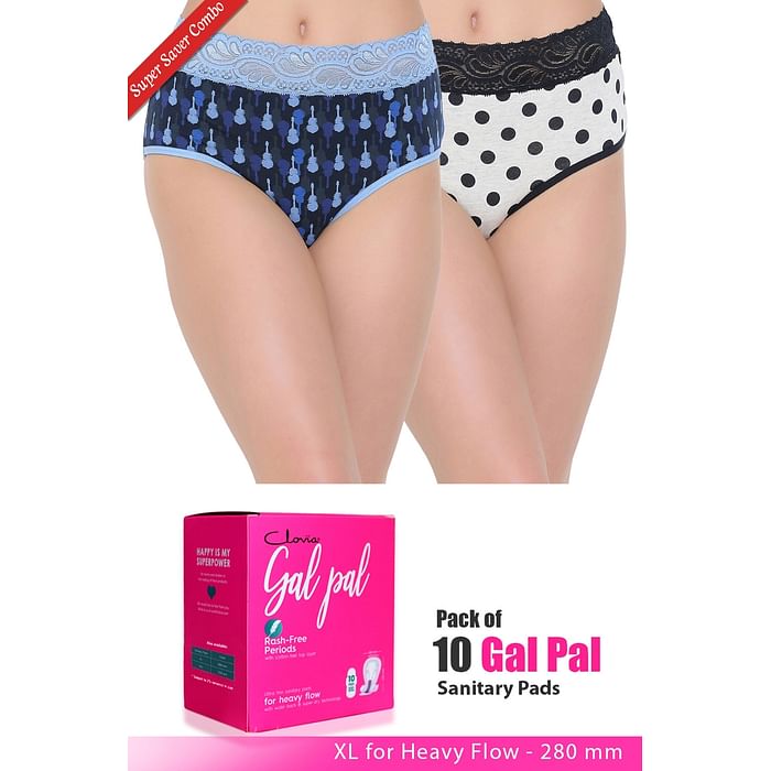 

Clovia Set of 2 Panties & Pack of 10 Gal Pal Pads - XL - PNC312420, Assorted