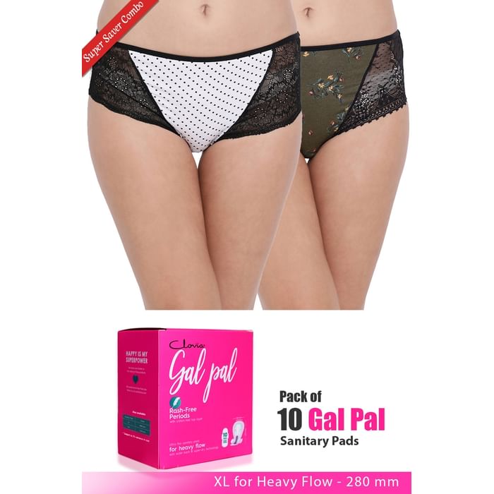 

Clovia Set of 2 Panties & Pack of 10 Gal Pal Pads - XL - PNC275520, Assorted