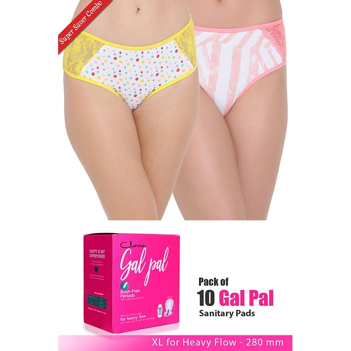 

Clovia Set of 2 Panties & Pack of 10 Gal Pal Pads - XL - PNC319720, Assorted