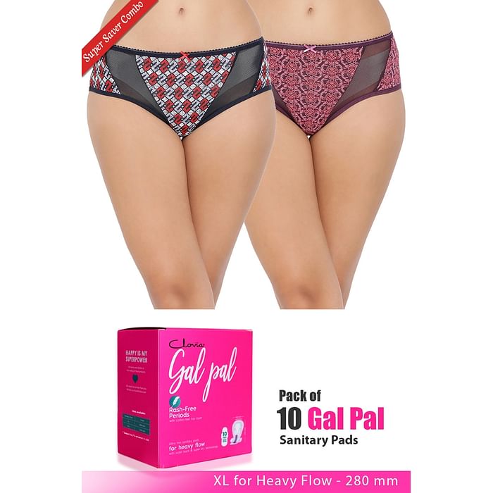 Clovia Set of 2 Panties & Pack of 10 Gal Pal Pads – XL – PNC329020