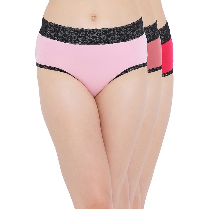 

Clovia Pack of 3 Cotton Mid Waist Hipster Panties with Lace Waist - PNC502190, Assorted