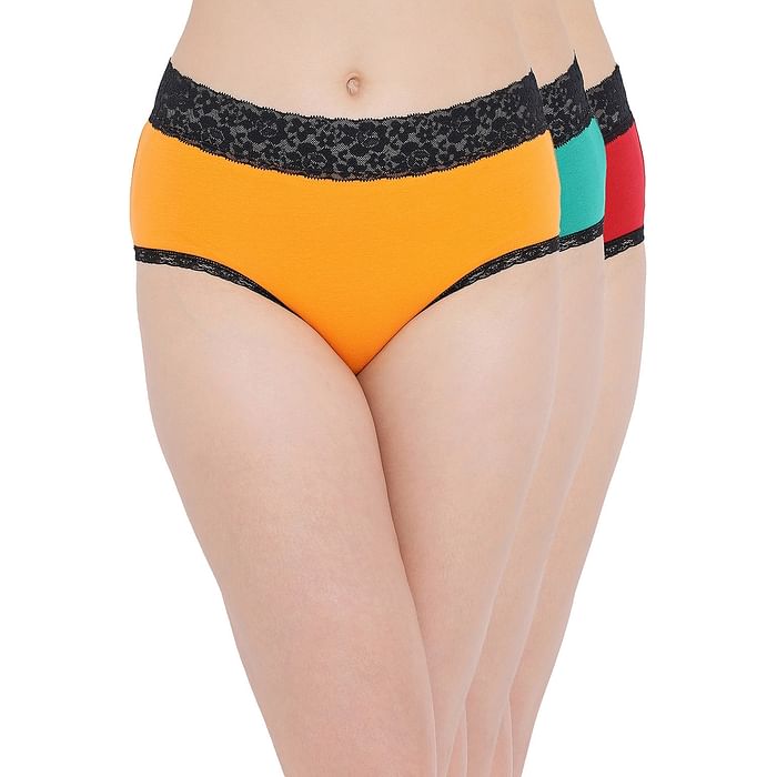 

Clovia Pack of 3 Cotton Mid Waist Hipster Panties with Lace Waist - PNC502130, Assorted