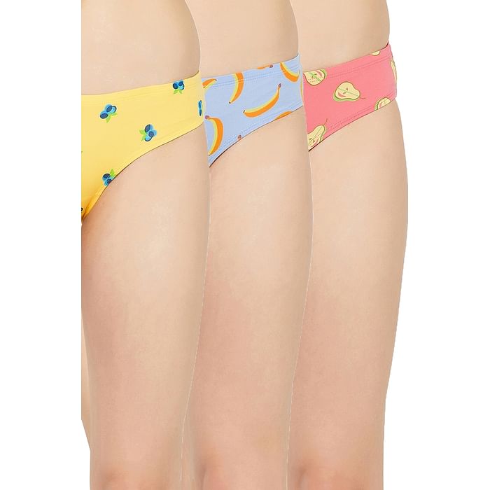 

Clovia Pack of 3 Low Waist Fruit Print Bikini Panties with Inner Elastic - Cotton - PNC001D19, Multicolour