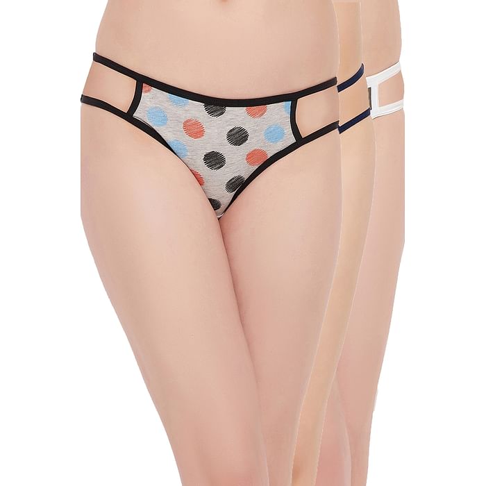 

Clovia Pack of 3 Low Waist Printed Bikini Panties with Cage Sides - Cotton - PNC002Q19, Multicolour