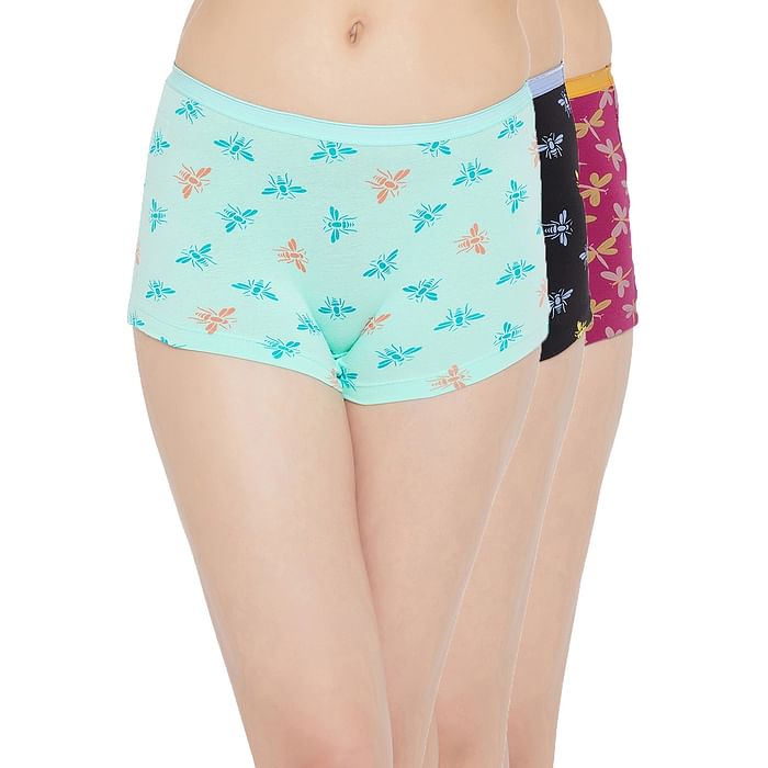 

Clovia Pack of 3 Mid Waist Printed Boyshorts - Cotton - PNC002H19, Multicolour