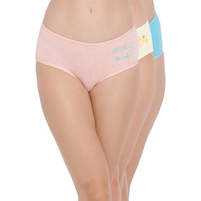 

Clovia Pack of 3 Mid Waist Text Print Hipster Panty- Cotton - PNC314230, Assorted