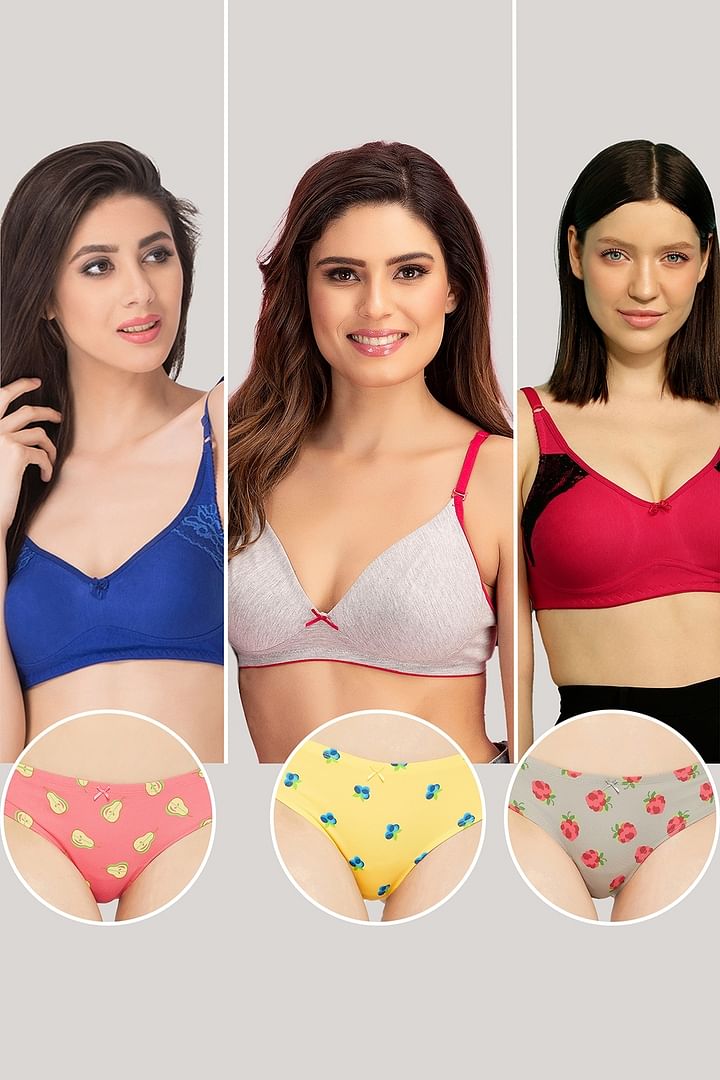 Buy Pack of 6 Non-Padded Non-Wired Bras & Low Waist Fruit Print Thongs with  Inner Elastic - Cotton Online India, Best Prices, COD - Clovia - BRC007Q19