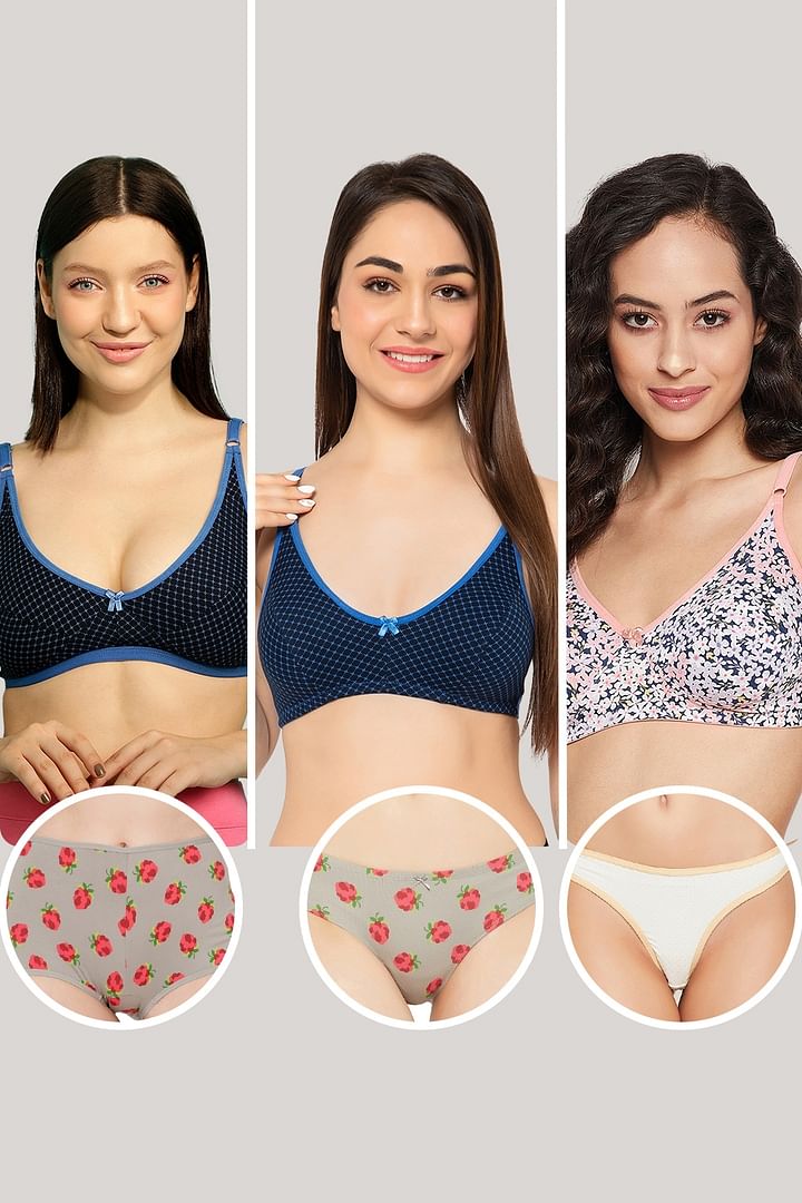 Buy Pack of 6 Non-Padded Non-Wired Bras & Panties Set - Cotton