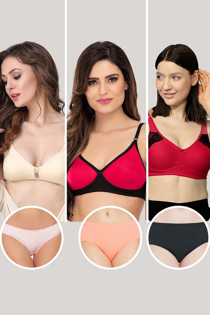 Buy Pack of 6 Non-Padded Non-Wired Bras & Panties - Cotton Online India,  Best Prices, COD - Clovia - BRC011P19