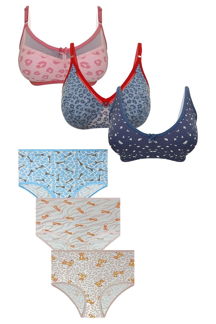 Buy Pack of 6 Non-Padded Non-Wired Printed Bras & High Waist