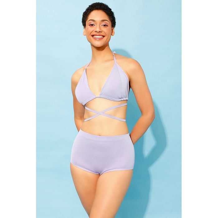 

Clovia Padded Halter Neck Bikini Top & High Waist Bikini Bottoms in Lilac - SM0124P12, Lavender