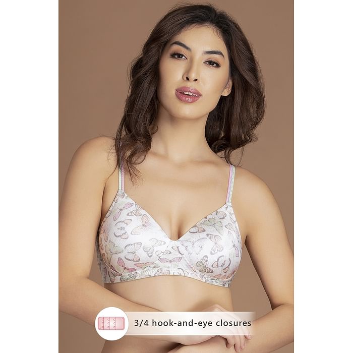 

Clovia Padded Non-Wired Full Cup Butterfly Print T-shirt Bra in White - BR1552N18