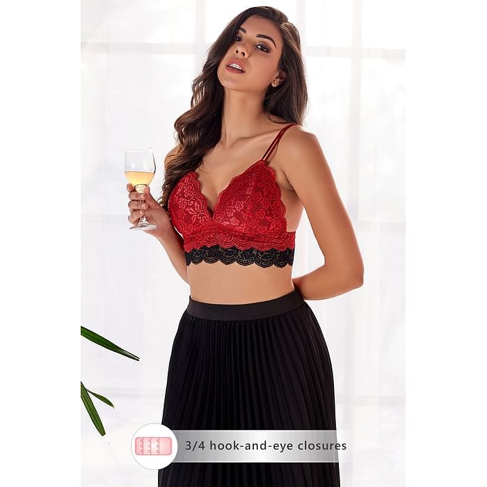 

Clovia Padded Non-Wired Demi Cup Plunge Bralette in Red - Lace - BR2164P04