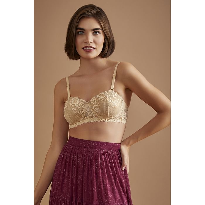 

Clovia Padded Non-Wired Demi Cup Multiway Balconette Bra in Cream Colour - Lace - BR2081V24, Nude-colour