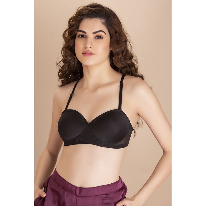 

Clovia Padded Non-Wired Demi Cup Strapless T-shirt Bra in Black in Balconette Style - BR2081C13