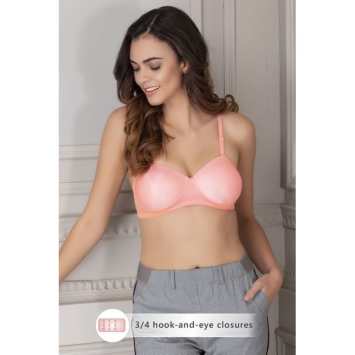 

Clovia Padded Non-Wired Demi Cup Multiway Strapless Bra in Coral Orange with Balconette Style - BR2081A16