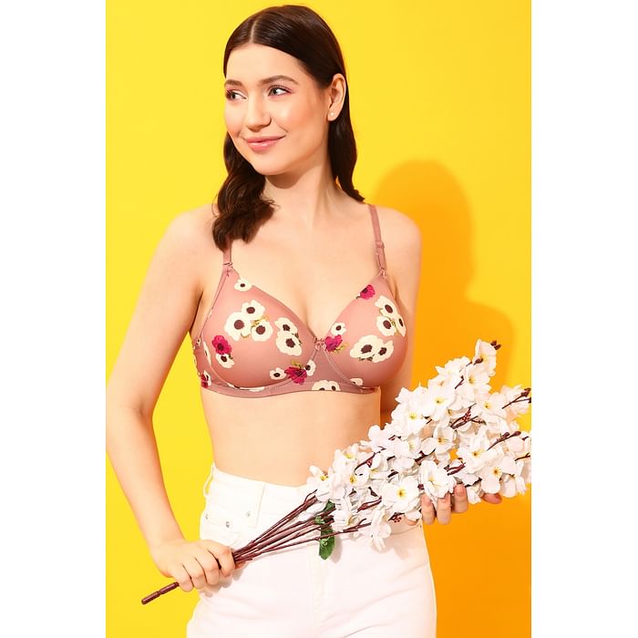 

Clovia Padded Non-Wired Full Cup Floral Print Multiway T-shirt Bra in Nude Colour - BR0738W24