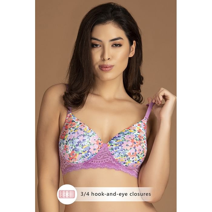 

Clovia Padded Non-Wired Floral Print Multiway T-Shirt Bra with Lace Wings With matching PN5101T12 - BR1806R12, Lavender