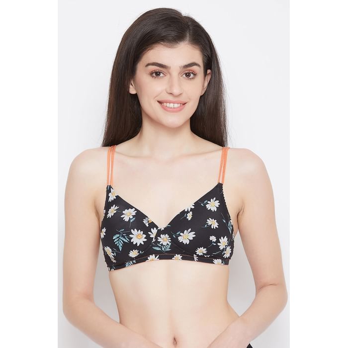

Clovia Padded Non-Wired Floral Print T-Shirt Bra - BR1570R13, Black