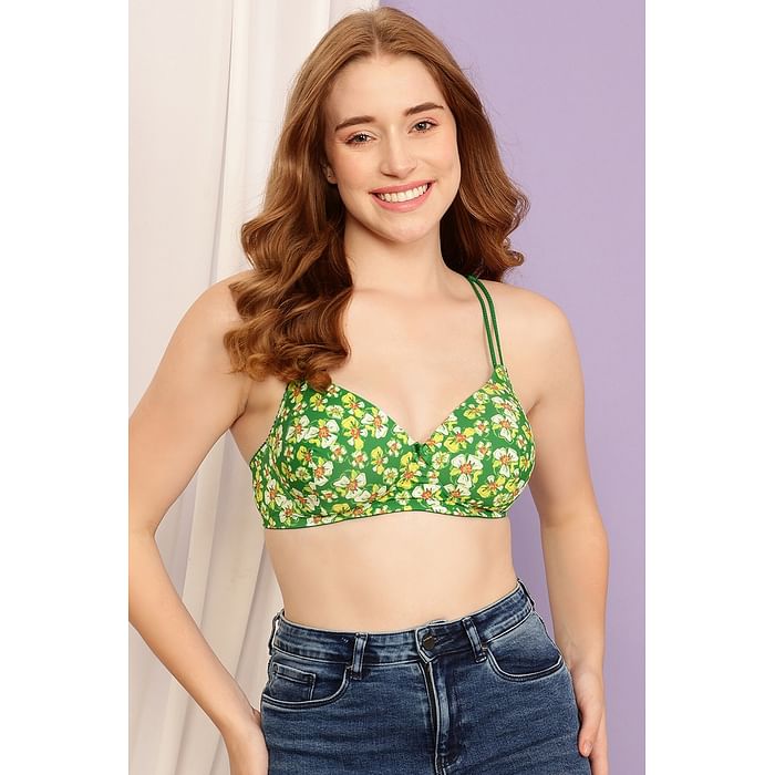 

Clovia Padded Non-Wired Floral Print T-shirt Bra in Green - BR1067B11, Light green