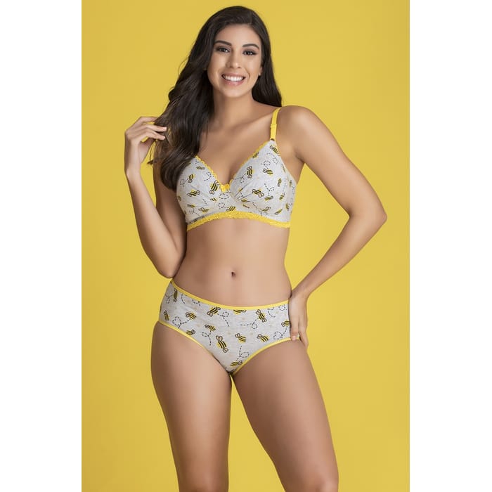 

Clovia Padded Non-Wired Full Cup Bee Print Bra & Mid Waist Bee Print Hipster Panty in Grey - Cotton & Lace - BP2219P05, Dark grey