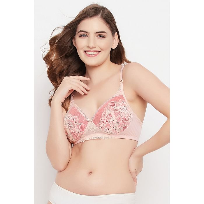 

Clovia Padded Non-Wired Full Cup Bra in Baby Pink - Lace - BR1777P22, Light pink