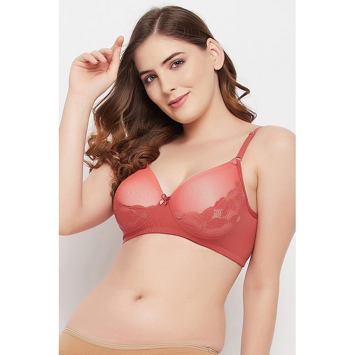 

Clovia Padded Non-Wired Full Cup Bra in Coral Orange - Lace - BR2373R16