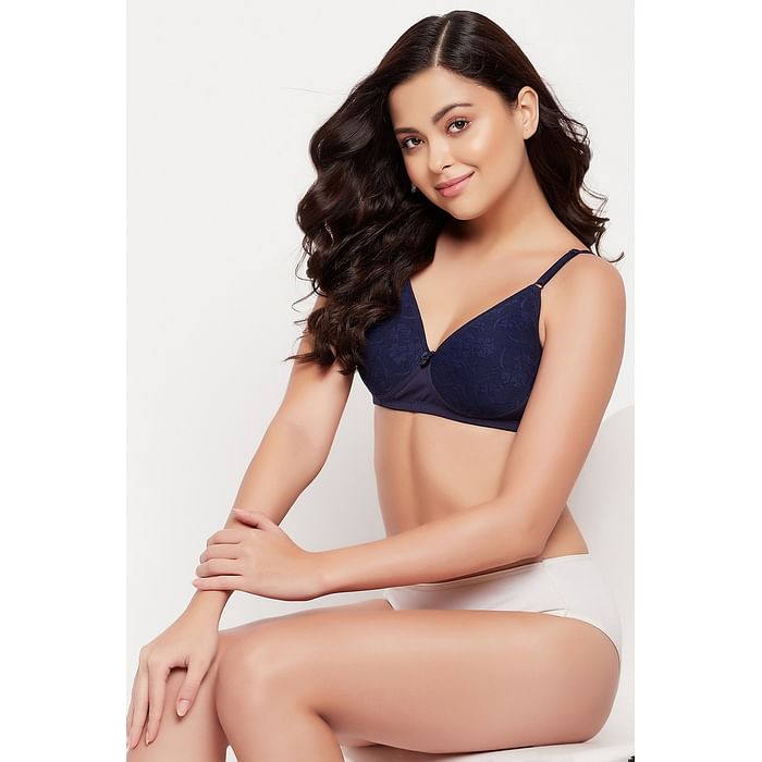 

Clovia Padded Non-Wired Full Cup Bra in Dark Blue - Lace - BR2342R08, Navy
