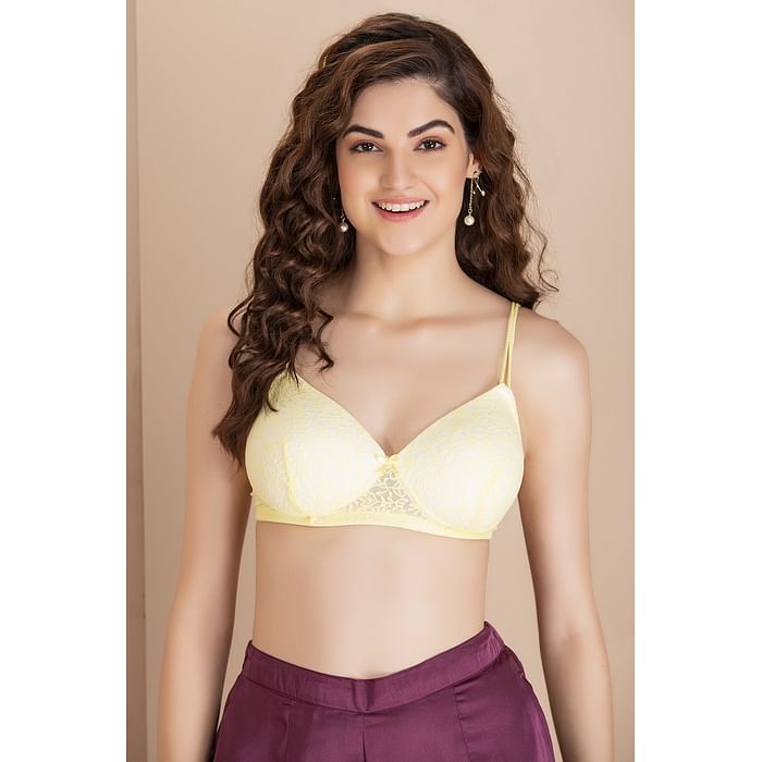 

Clovia Padded Non-Wired Full Cup Bra in Lime Yellow - Lace - BR1737Q02, Light yellow