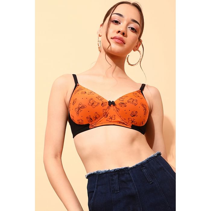 

Clovia Padded Non-Wired Full Cup Butterfly Print T-shirt Bra in Orange - BR1737B16