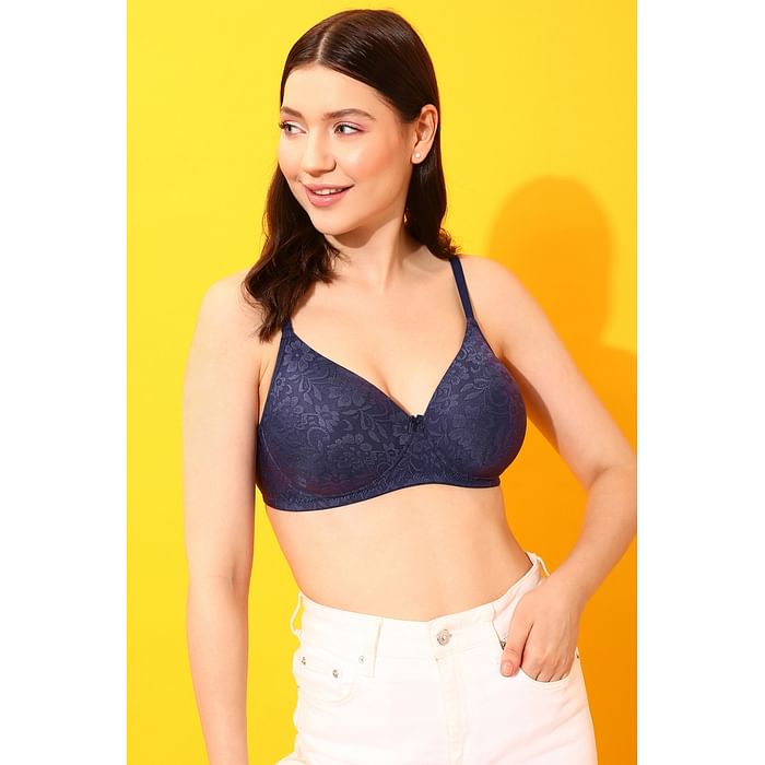 

Clovia Padded Non-Wired Full Cup Floral Patterned Bra in Navy - Lace - BR2342P08