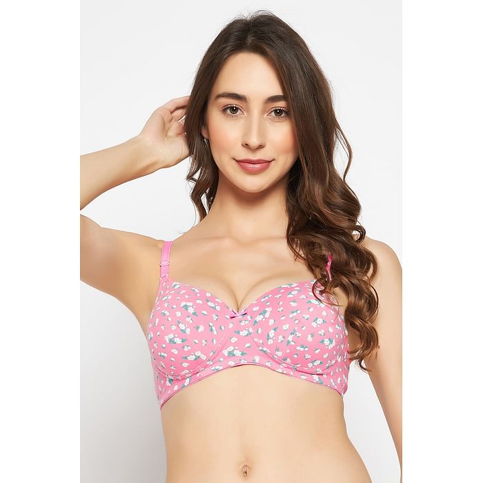 

Clovia Padded Non-Wired Full Cup Floral Print Multiway T-shirt Bra in Baby Pink - Cotton - BR2395P22, Light pink