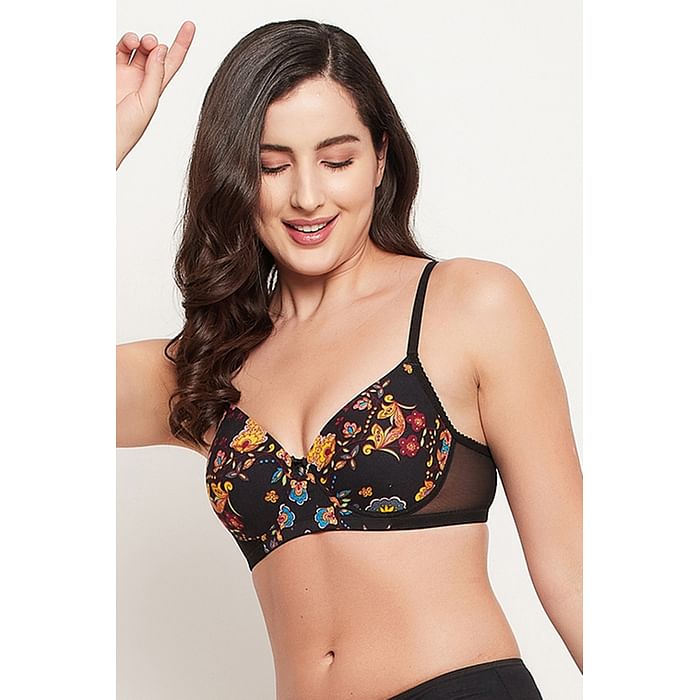 

Clovia Padded Non-Wired Full Cup Floral Print T-shirt Bra in Black - BR1737J13