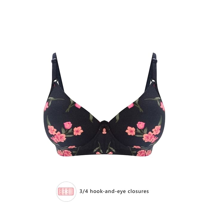 

Clovia Padded Non-Wired Full Cup Floral Print T-Shirt Bra in Black - BR2340P13