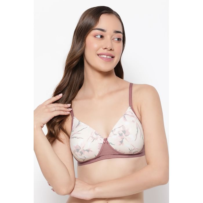 

Clovia Level 1 Push-Up Padded Non-Wired Demi Cup Floral Print T-shirt Bra in Cream Colour - BR2023E24