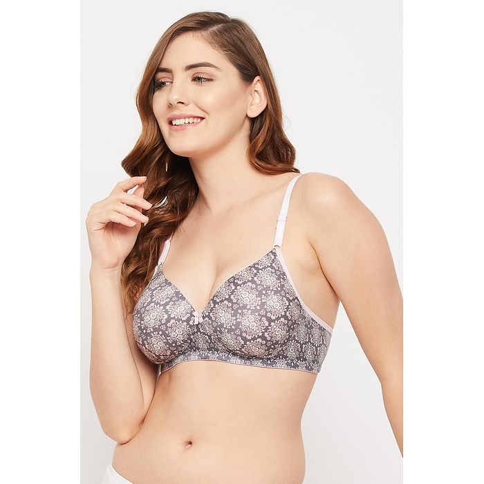 

Clovia Padded Non-Wired Full Cup Floral Print T-shirt Bra in Grey - BR1804X01, Light grey