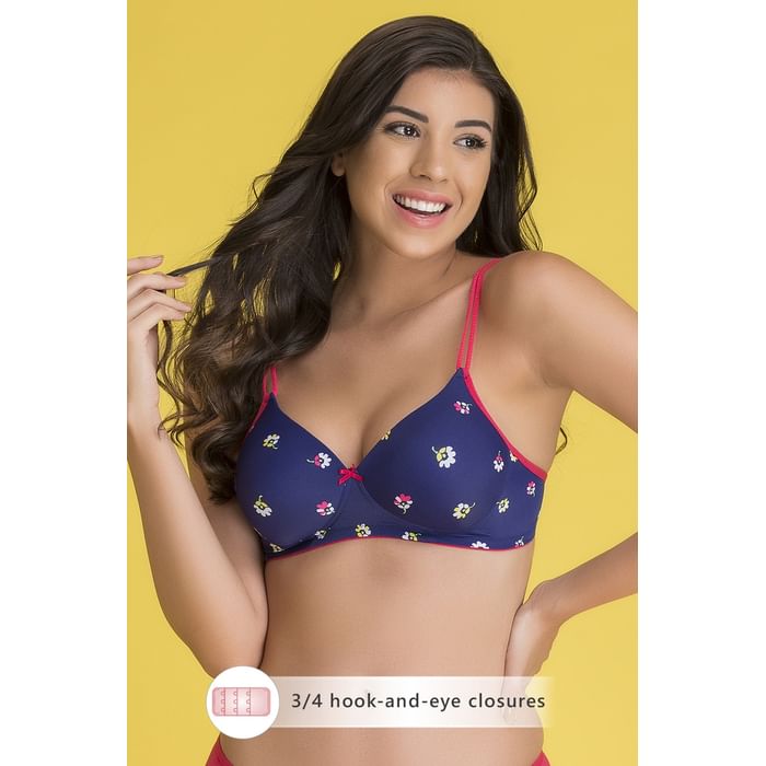 

Clovia Padded Non-Wired Full Cup Floral Print T-shirt Bra in Royal Blue - BR1067R08, Navy