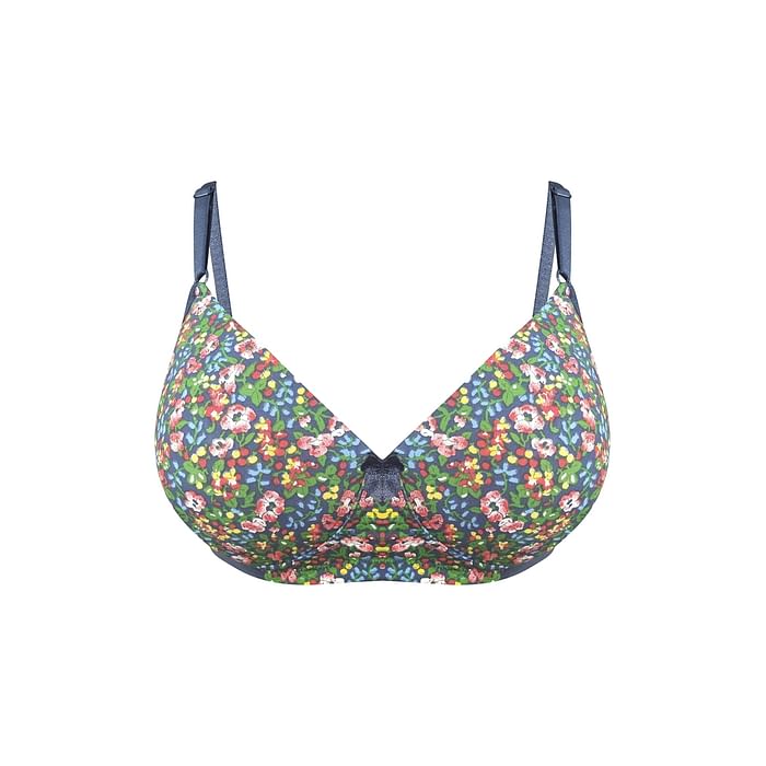 

Clovia Padded Non-Wired Full Cup Floral Print T-shirt Bra in Navy - BR1737O19, Multicolour