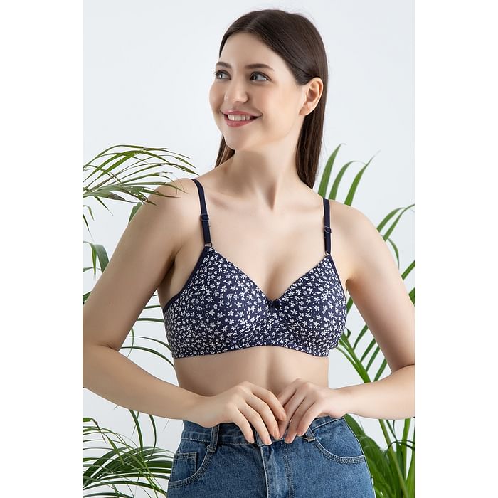 

Clovia Padded Non-Wired Full Cup Floral Print T-shirt Bra in Navy - BR1804W08