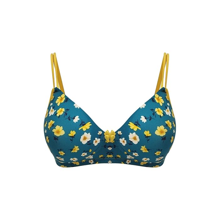 

Clovia Padded Non-Wired Full Cup Floral Print T-shirt Bra in Turquoise Blue - BR1067P35, Teal