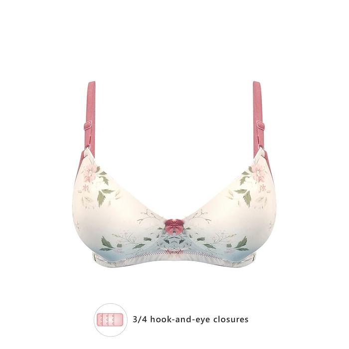 

Clovia Padded Non-Wired Full Cup Floral Print T-Shirt Bra in White - BR1277O18