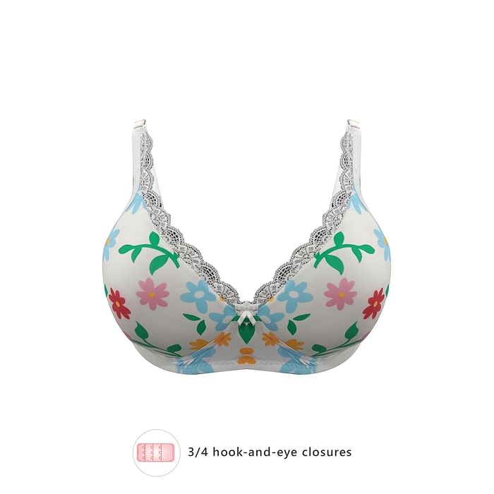 

Clovia Padded Non-Wired Full Cup Floral Print T-shirt Bra in White - BR2252P18