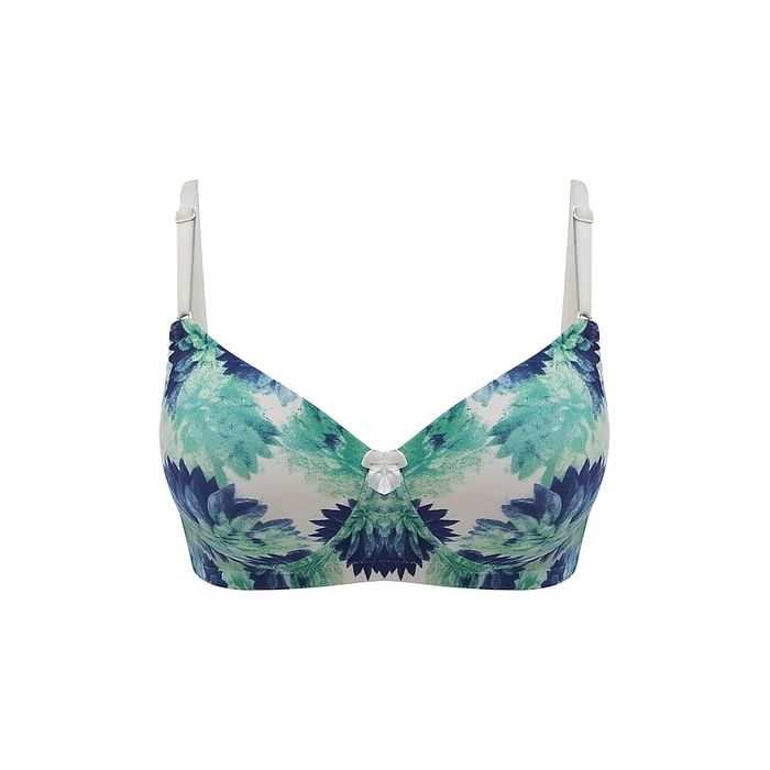 

Clovia Padded Non-Wired Full Cup Floral Print T-shirt Bra in White - BR2340A03, Light blue