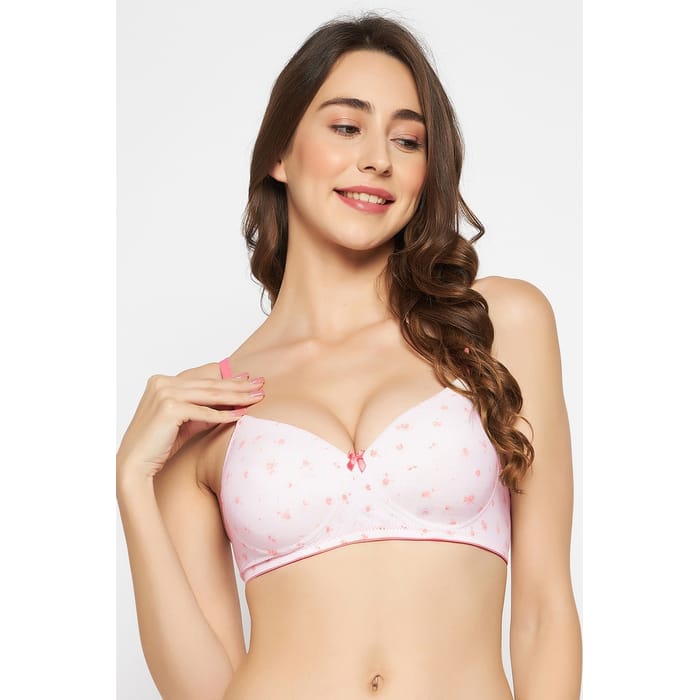 

Clovia Padded Non-Wired Full Cup Floral Print T-shirt Bra in White - BR2393P18