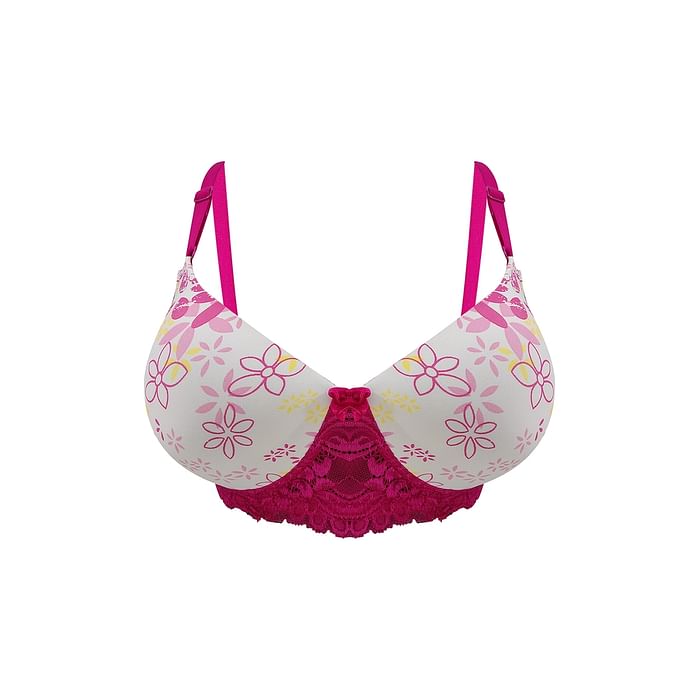

Clovia Padded Non-Wired Full Cup Floral Print T-shirt Bra in White - BR1806S18