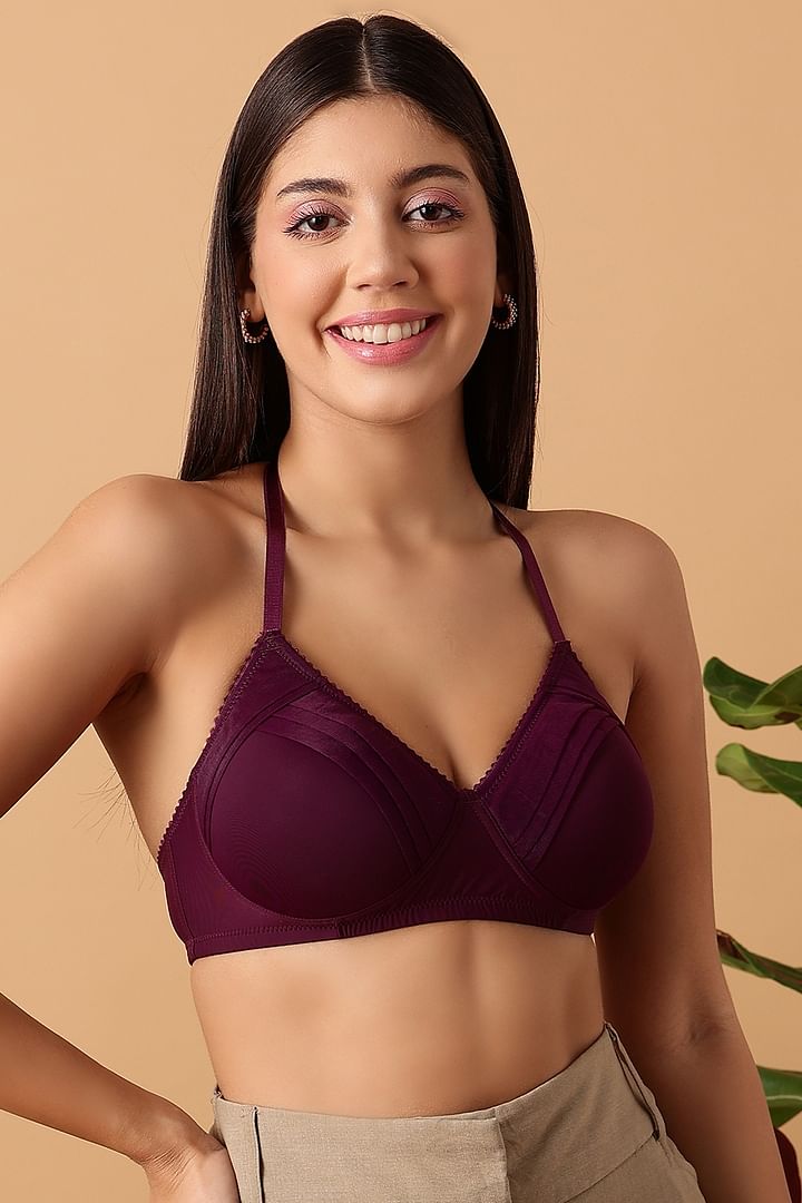 Buy Padded Non-Wired Full Cup Halter Neck Bra in Plum Colour