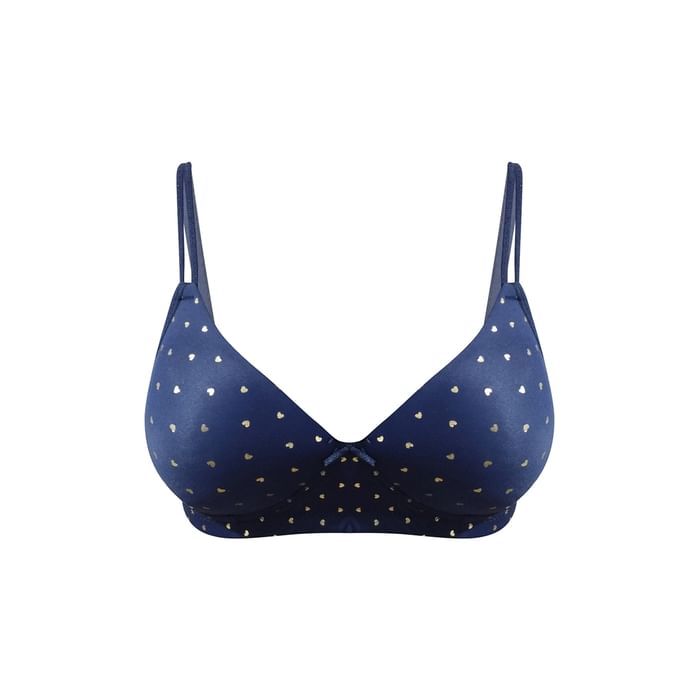 

Clovia Padded Non-Wired Full Cup Heart Print T-shirt Bra in Navy - BR1067X08