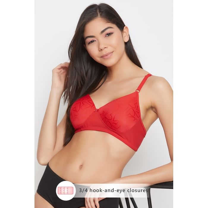 

Clovia Padded Non-Wired Full Cup Heart Print T-Shirt Bra in Red - BR1866U04