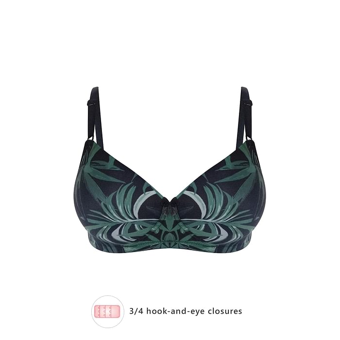 

Clovia Padded Non-Wired Full Cup Leaf Print T-Shirt Bra in Black - BR2340P17, Dark green